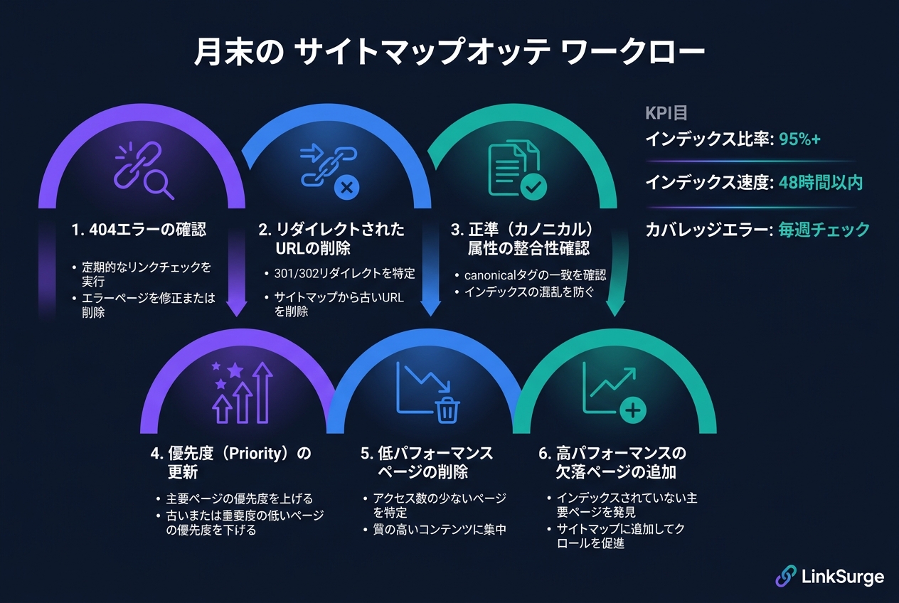 月次サイトマップ監査のワークフローとKPI目標